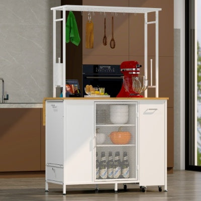 Isla de Cocina con Espacio de Almacenamiento, Barra de Desayuno con Panel Plegable Levadizo, Estantes y Cajones de Gabinete de Almacenamiento Grande, Mesa Grande de Barra de Café con Ganchos, Blanca