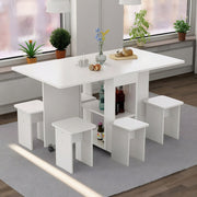 Juego de Mesa de Comedor Plegable con Hoja Caída para 4 Personas con 4 Sillas, Mesa de Comedor Plegable Ahorra Espacio con Almacenamiento y 6 Ruedas, 47.2 Pulgadas de Profundidad x 23.6 Pulgadas de Ancho x 30.3 Pulgadas de Altura, Blanco