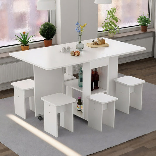 Folding Drop Leaf Dining Table Set For 4 With 4 Chairs, Space Saving Foldable Dining Table With Storage And 6 Wheels, 47.2 Inch D X 23.6 Inch W X 30.3 Inch H, White