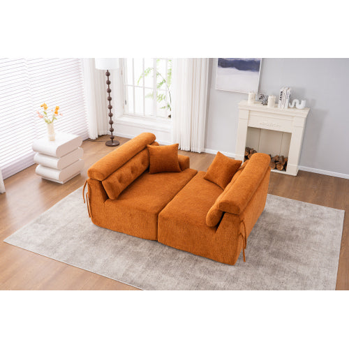 LY-029 ORANGE COMPRESSION SOFA 4-seater Combined Sofa, Wood Grain Chenille Fabric, Full Sponge Compression Sofa,combined Sofa With 2 Pillows For Living  Home Furniture  Apartment