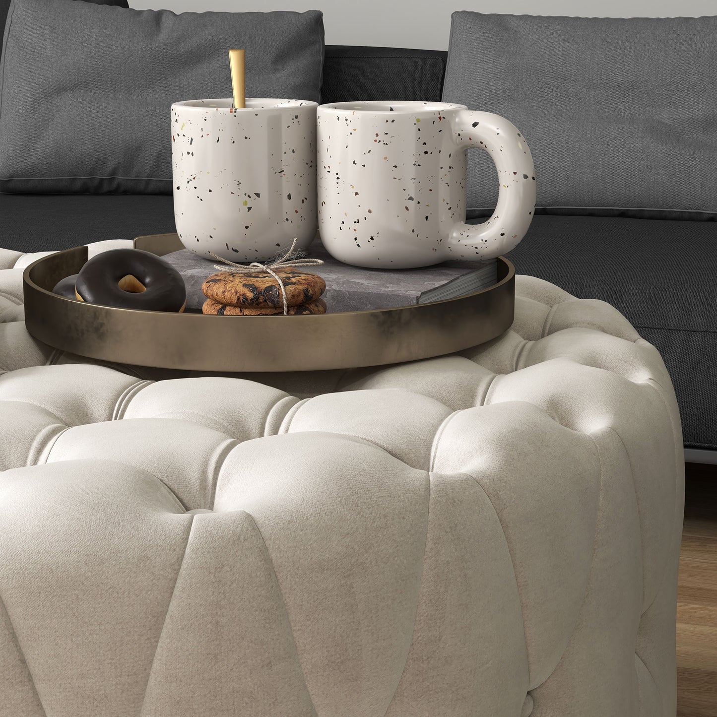Round Ottoman Coffee Table with Velvet-feel Upholstery
