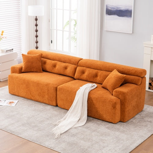 Sofá de Compresión Naranja LY-029 para 4 Personas, Sofá Combinado, Tela de Chenille con Grano de Madera, Sofá de Compresión de Esponja Completa, Sofá Combinado con 2 Almohadas para el Hogar, Muebles para Apartamento
