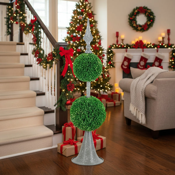 Two-Tier Artificial Plant D7x26.5" Natural Boxwood Sphere Topiary On Metal Spire Circle Ball Home Office Desk Decor FBA Shipment