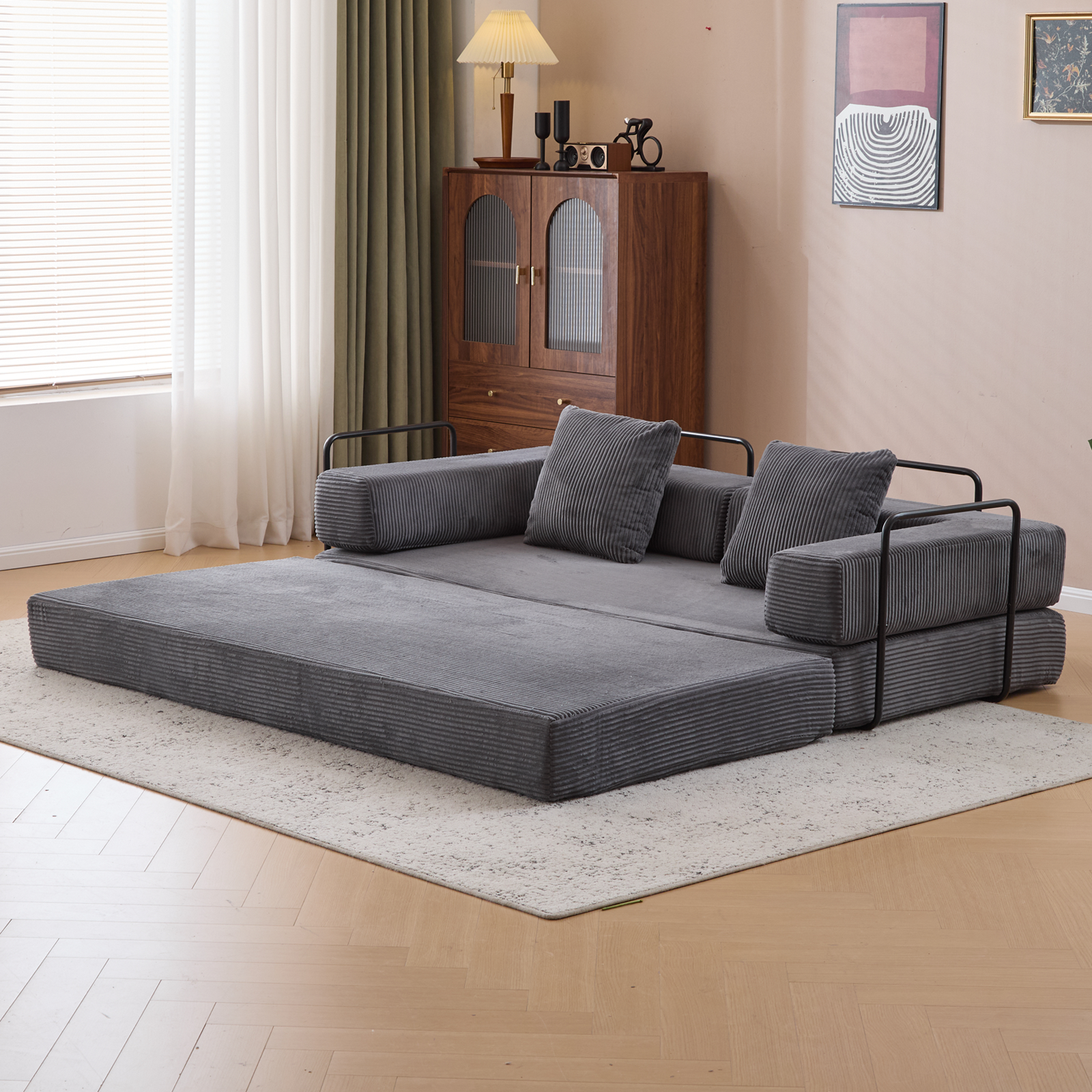 Sofá de Suelo, Sofá de Compresión, Sofá Cama Convertible de Suelo - con Soporte de Espalda con Almohada y Reposabrazos, Sofá Futón Cómodo para Reposar Cama para Dormir, Tela de Corduroy, para Sala de Estar y Dormitorio Gris Oscuro