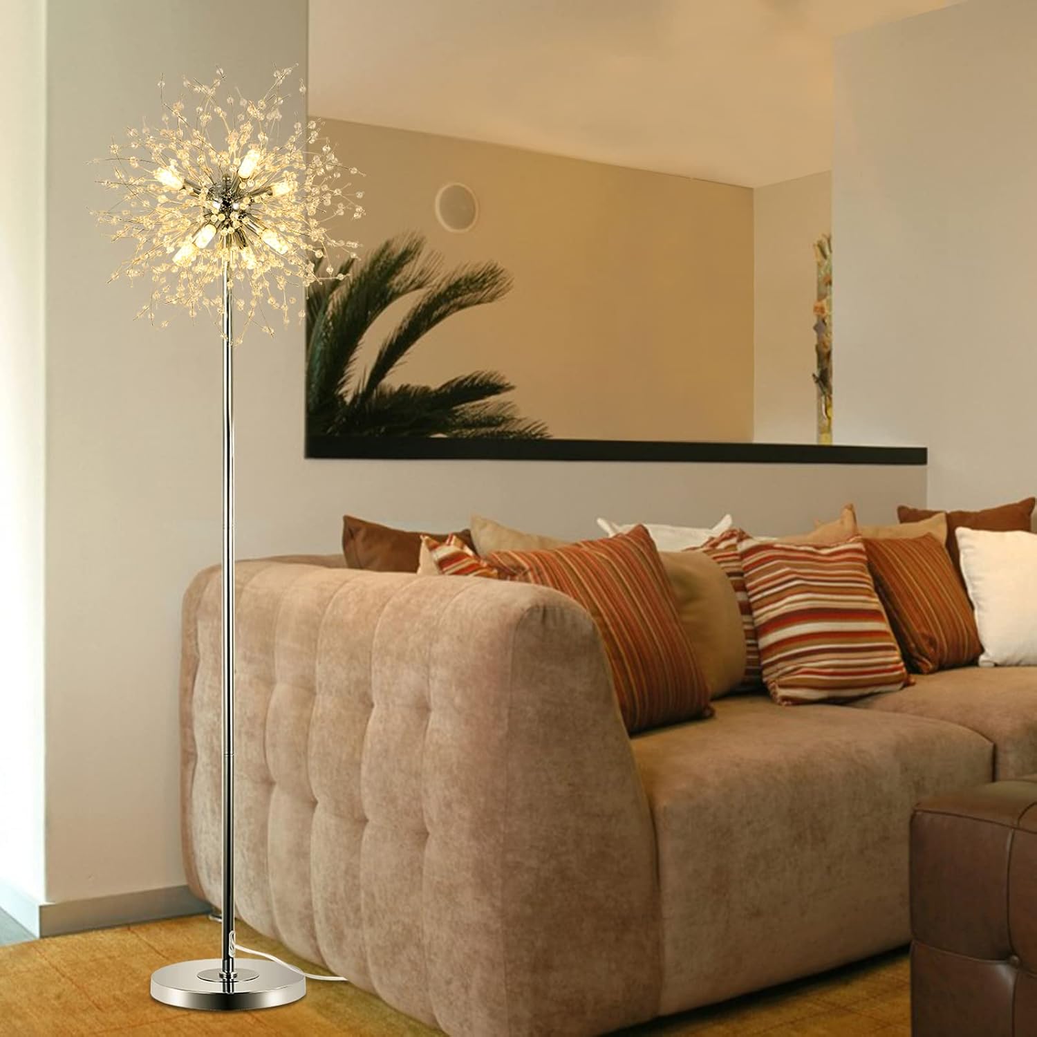 Lámpara de Pie de Cristal para Dormitorio,,Lámpara de Poste de 69 Pulgadas de Alto, Lámpara de Piso Decorativa para Habitación Moderna, Incluye 32 Suspensores de Cristal de Fuegos Artificiales, Acabado en Cromo Plataformas No Disponibles- Welfel
