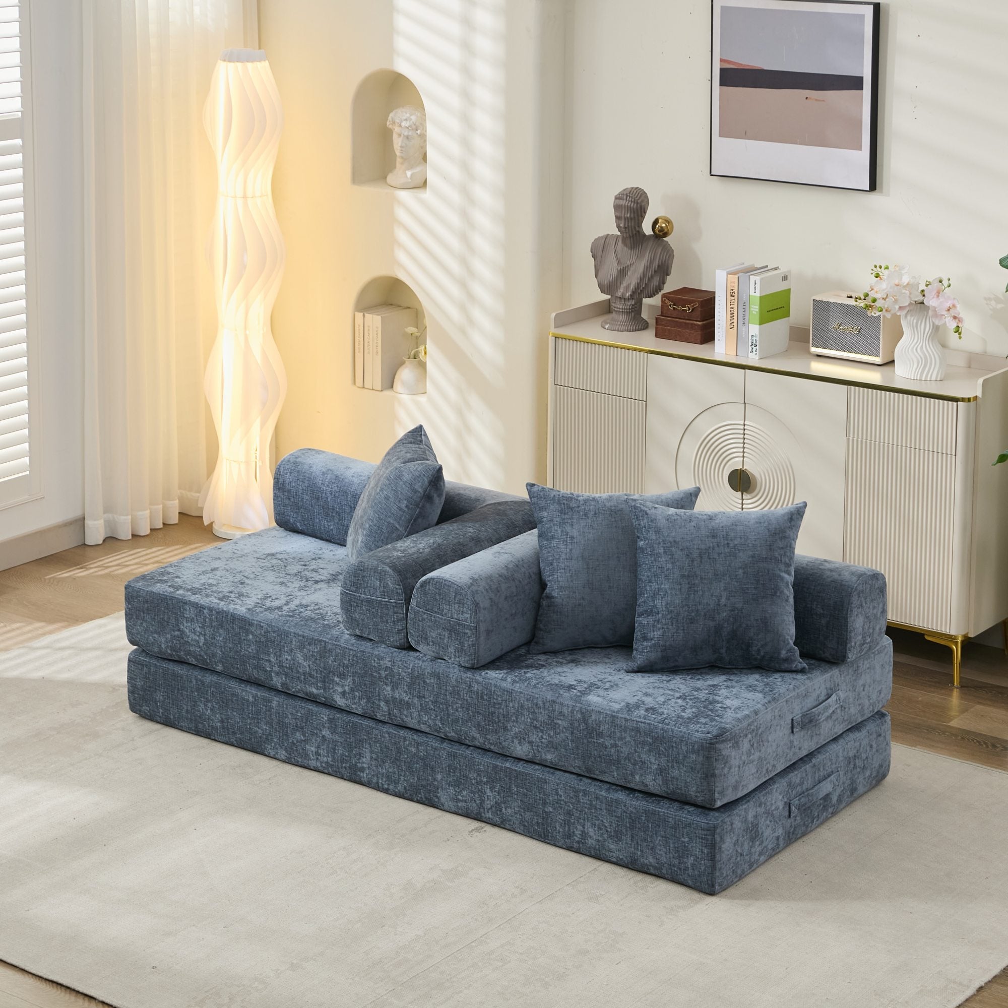 Cómodo Sofá Cama Plegable Convertible, Sofá Cama de Suelo, Sofá de Suelo de Chenille con Reposabrazos, Sofá Lounge de Suelo para Sala de Estar, Dormitorio, Sala de Estar o Estudio-Azul