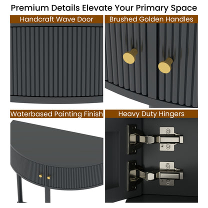 Artisan-Crafted Wave-Pattern Demi-Lune Console Table With Dark Gray Finish,Unique Half Moon Design End Table With 2 Storage Drawers And Bottom Shelf For Living Room, Bedroom, Study, Hallway