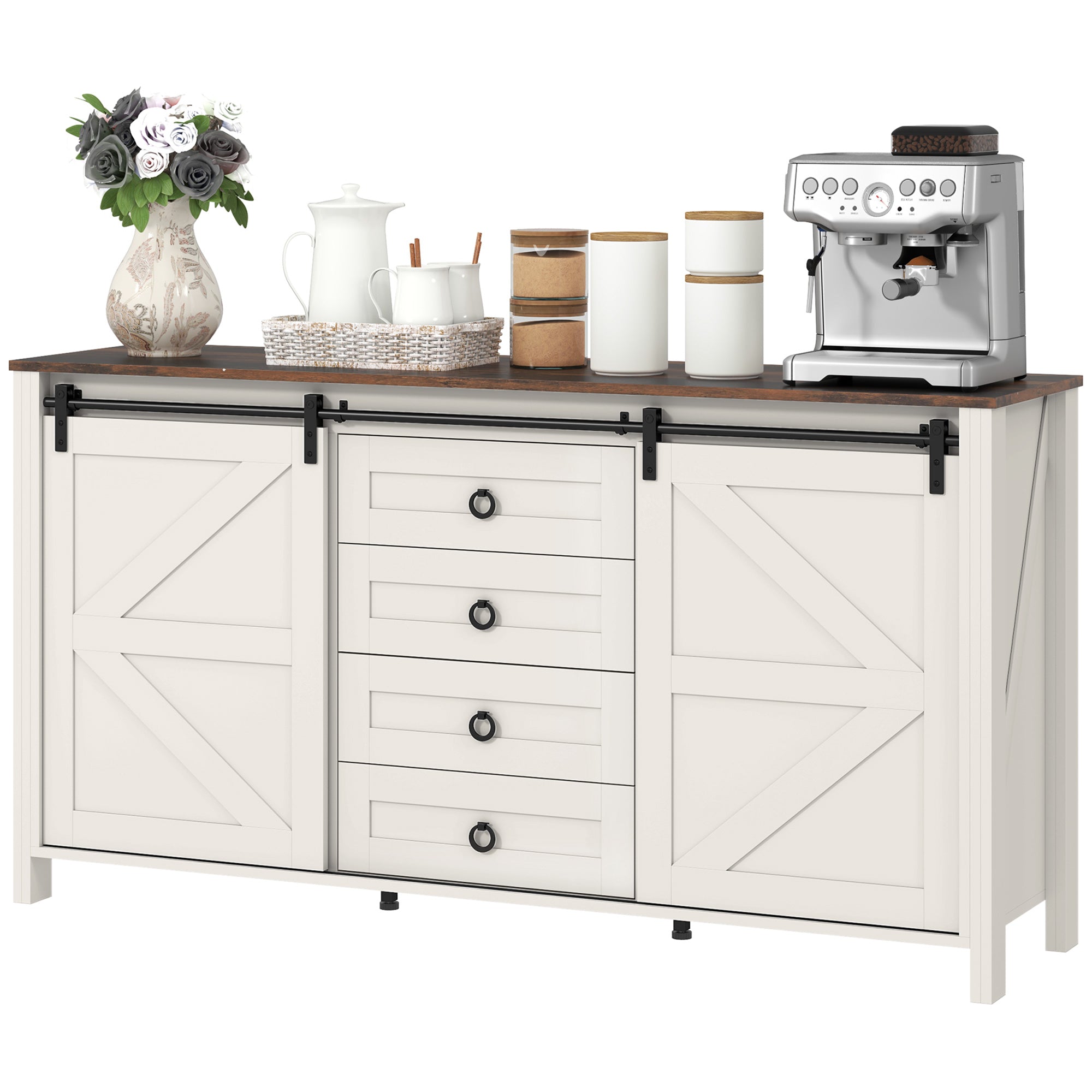 Gabinete Buffet de 60, Aparador de Estilo Granja con Puertas Correderas de Establo, Cajones y Estantes Ajustables, Blanco Crema Desgastado