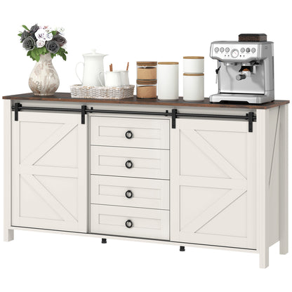 60 Buffet Cabinet, Farmhouse Sideboard With Sliding Barn Doors, Drawers And Adjustable Shelves, Distressed Cream White
