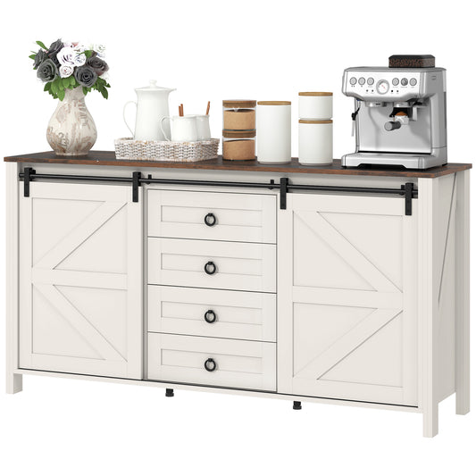60 Buffet Cabinet, Farmhouse Sideboard With Sliding Barn Doors, Drawers And Adjustable Shelves, Distressed Cream White
