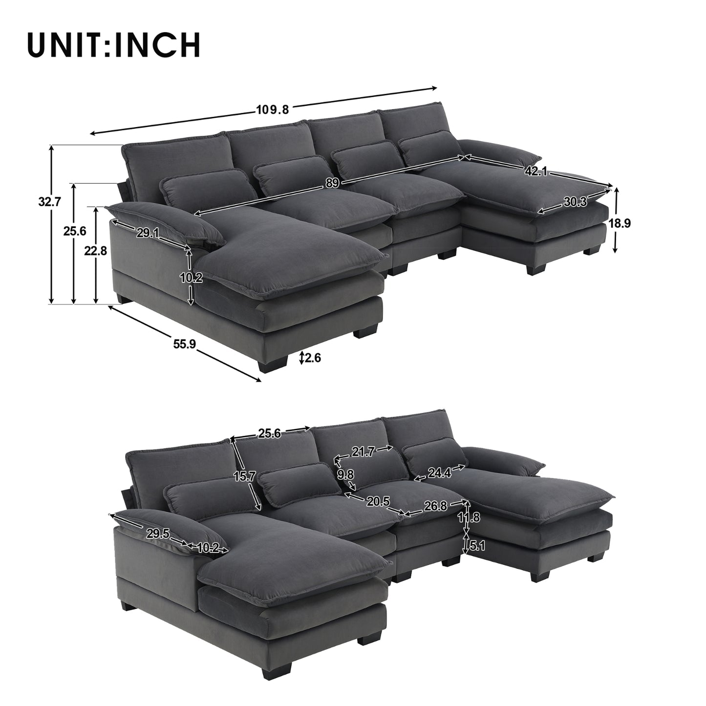 New Modern U-shaped Sectional Sofa, 6-Seat With Waist Pillows 109.8 55.9