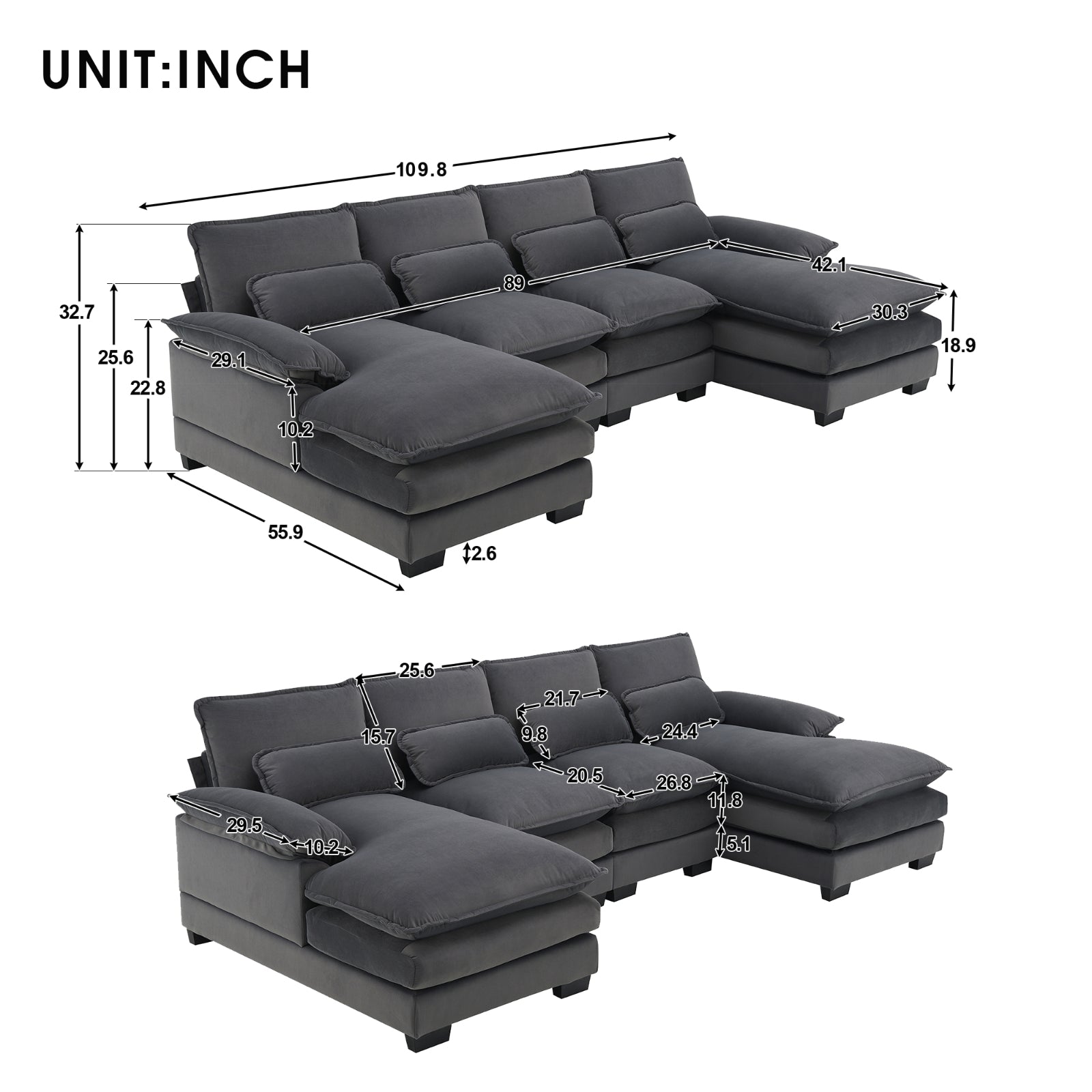 Nuevo Sofá Seccional Moderno en Forma de U, de 6 Asientos con Almohadas para la Cintura 109.8 55.9
