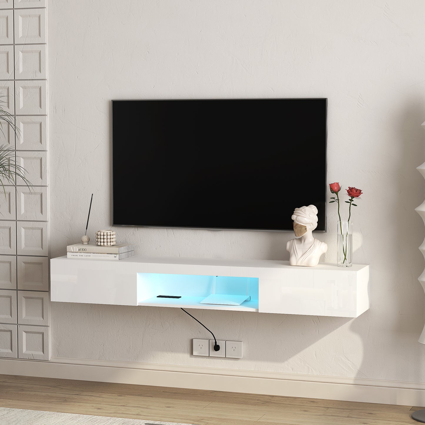 Floating TV Stand Wall Mounted With 16 Color LEDs, Modern TV Stand,Floating TV Cabinet Entertainment Center For 55 60 65 Inch TV,White
