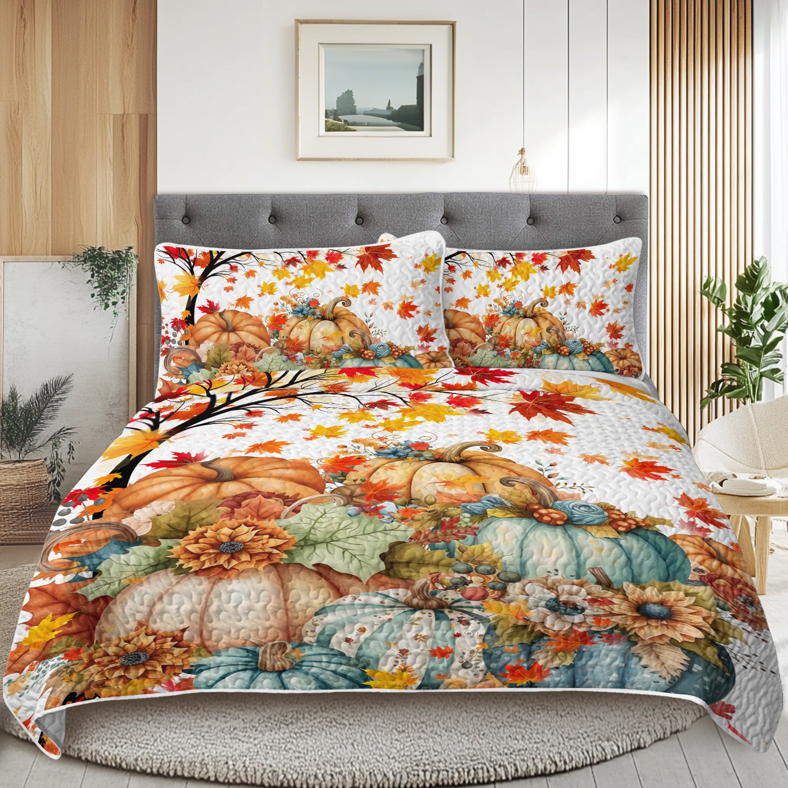 Conjunto de Colcha de 3 Piezas con Tema Otoñal - Cubrecama con Estampado de Calabazas
