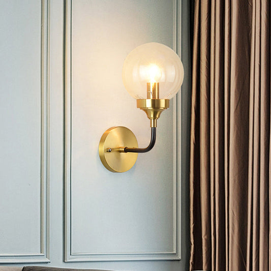 DecorBites™ Clear Glass Globe Wall Sconce Light Fixture - Simple, Brass with Curved Arm