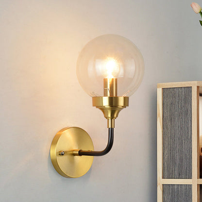 DecorBites™ Clear Glass Globe Wall Sconce Light Fixture - Simple, Brass with Curved Arm