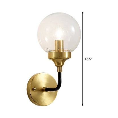 DecorBites™ Clear Glass Globe Wall Sconce Light Fixture - Simple, Brass with Curved Arm