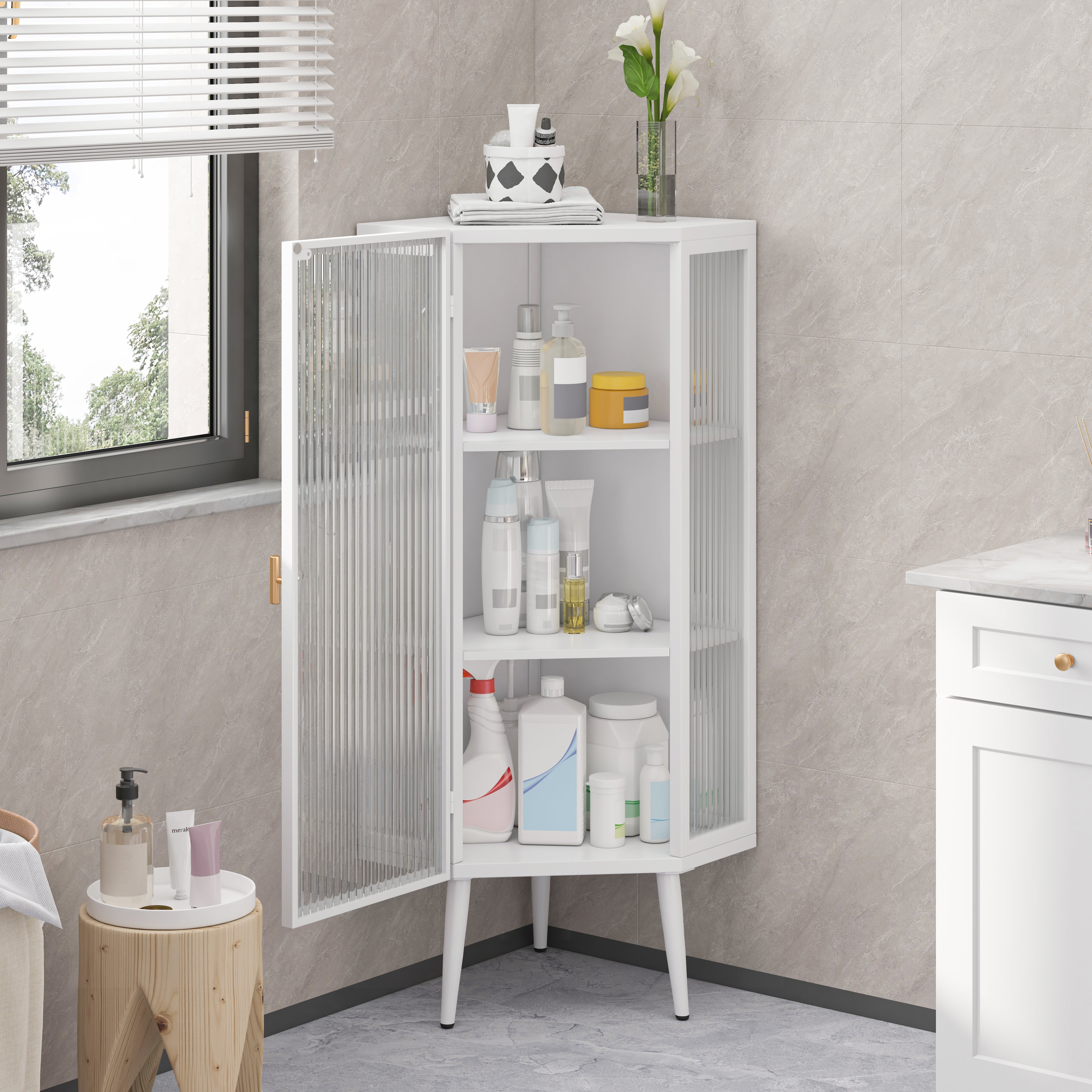 White Corner Cabinet Tempered Glass Bathroom Storage
