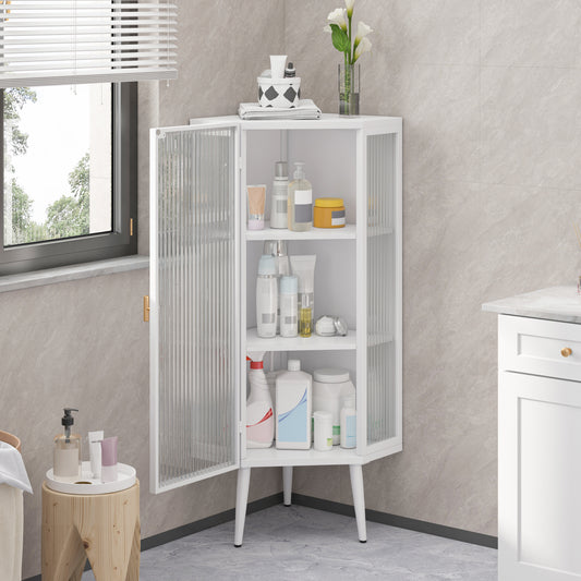 22.25'' Floor Coner Cabinet,Three Tiers With Tempered Glass Doors And Storage Shelves For Bathroom, Living Room And Bedroom White