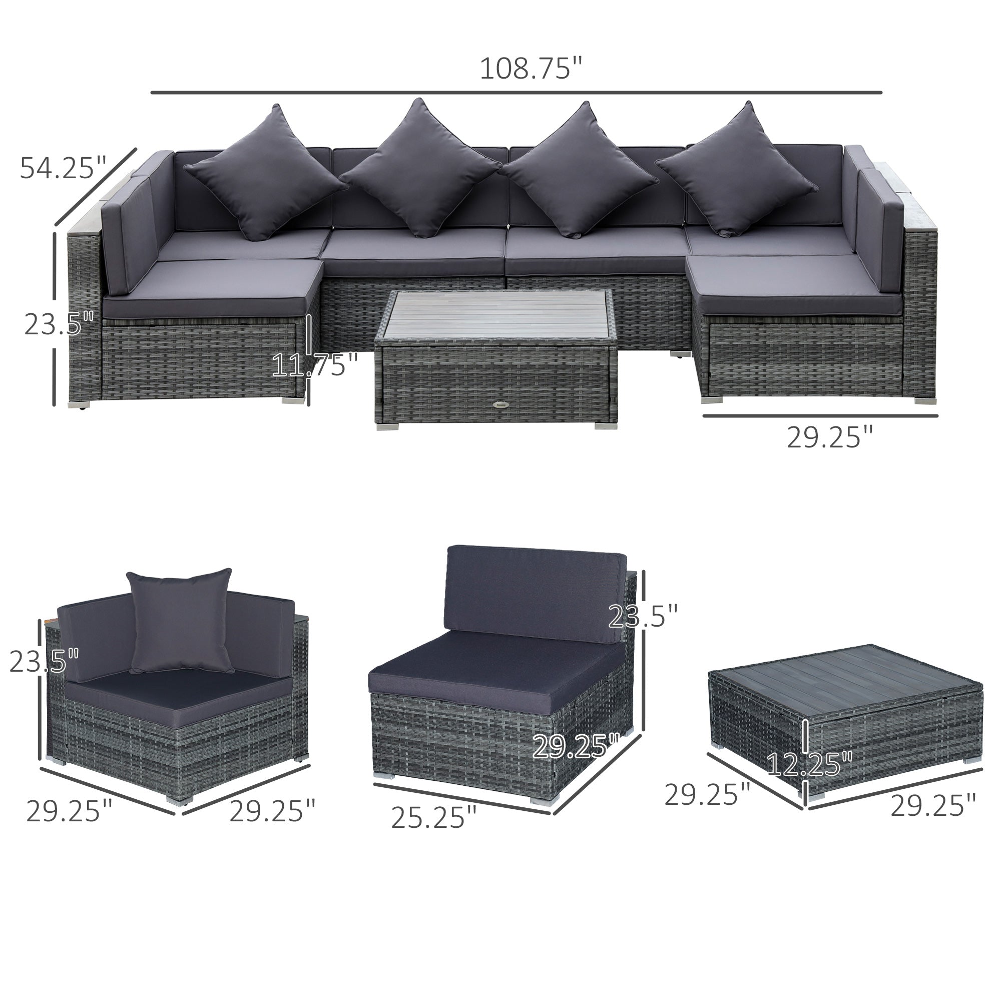 Conjuntos de Muebles de Patio de 7 Piezas Sofá Seccional de Ratán PE Conjunto de Conversación al Aire Libre con Mesa de Centro de Tapa de Acacia y Cojines para Jardín, Patio Trasero, Gris