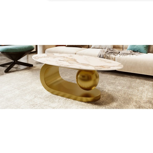 Mesa de Centro Oval Moderna para Sala de Estar, Encimera de Mesa de Centro de Piedra Sinterizada con Patrón de Mármol y Base de Acero Inoxidable Dorado en 47.2