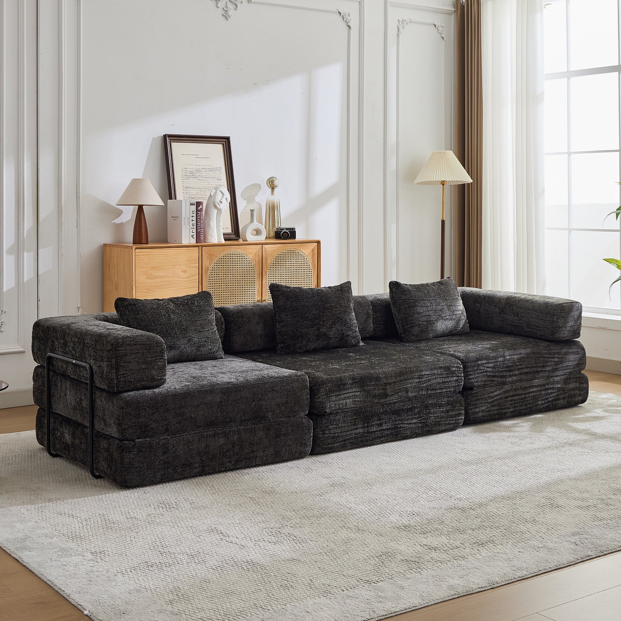Sofá de Compresión, Sofá Cama Convertible para el Suelo con Marco de Forma Fija, Sofá Seccional Modular sin Huesos, Sin Ensamblaje Requerido, Tela de Chenille, para Sala de Estar y Dormitorio, Negro