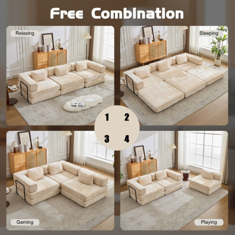 Sofá de Compresión, Sofá Cama Convertible para el Suelo con Marco de Forma Fija, Sofá Seccional Modular sin Huesos, Sin Ensamblaje Requerido, Tela de Chenille, para Sala de Estar y Dormitorio, Beige