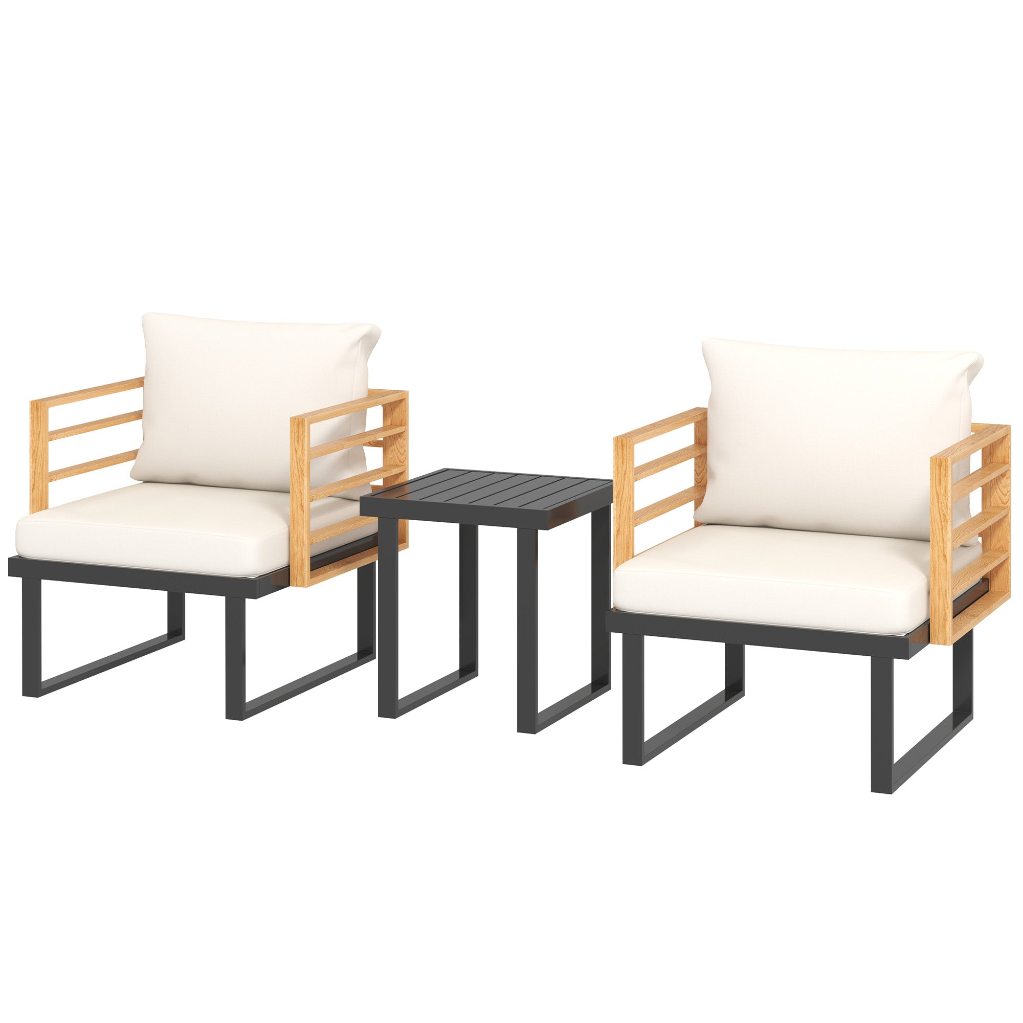 Juego de Bistro de 3 Piezas en Metal, Conjunto de Muebles para Patio Pequeño con Cojines, Sillones, Mesa con Rejilla para Jardín o Balcón, Beige