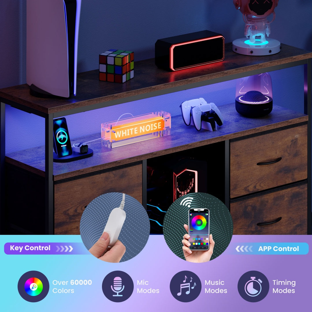 Soporte para TV, 4 Cajones, Con Luces LED y Enchufes Eléctricos, Mueble para Sala de Estar para TV de 50 Pulgadas, Con Estantes Abiertos y Patas Ajustables