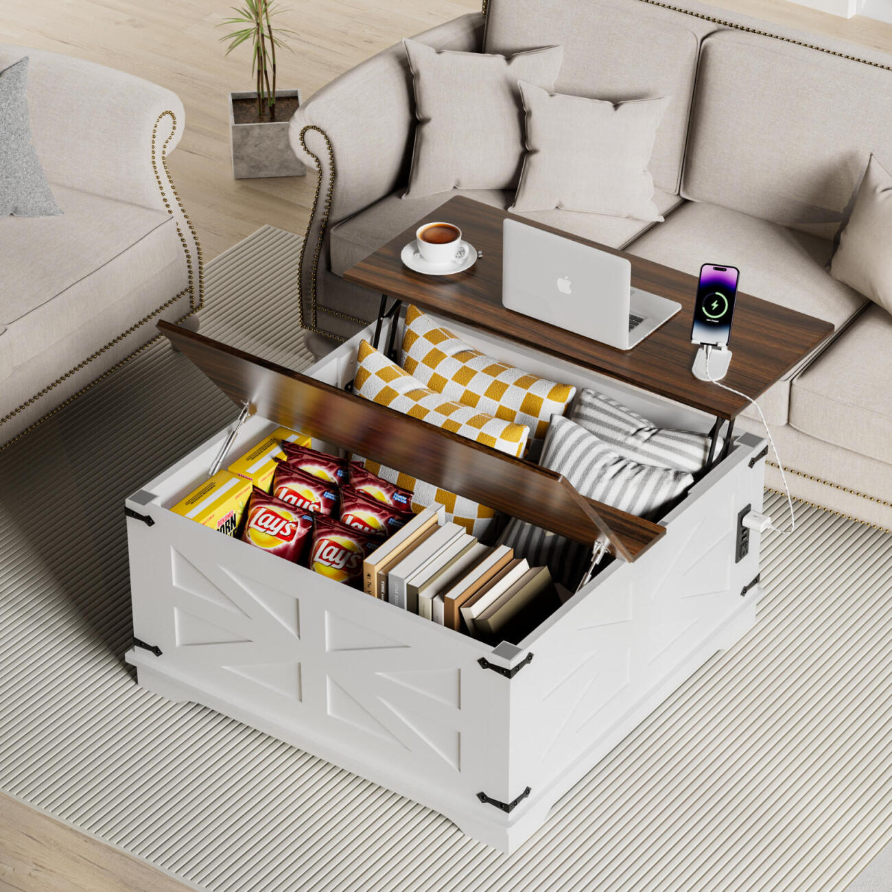 Mesa de Centro de Estilo Rústico con Superficie Elevable, Estación de Carga USB y Almacenamiento Oculto - Base de Madera Resistente, Opciones en Blanco-Marrón, Perfecta para la Organización del Salón, Mesa de Centro para el Salón, Versátil