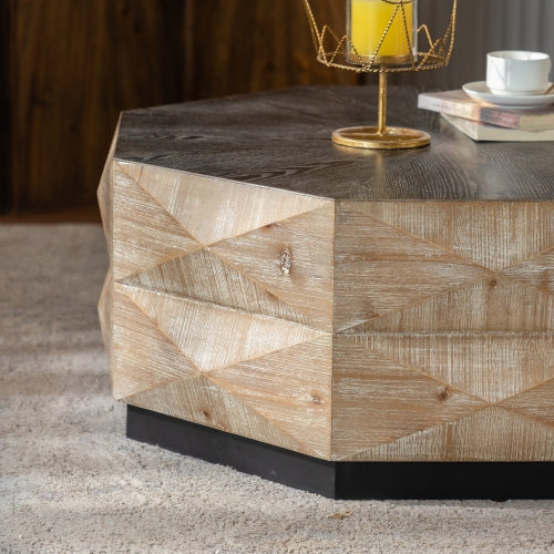 Oktagon Couchtisch, 38 Retro-Stil Holz-Mitteltisch mit dreidimensionalem Prägungsmuster, rustikaler Cocktailtisch Mitteltisch großer runder Couchtisch für Wohnzimmer Zuhause