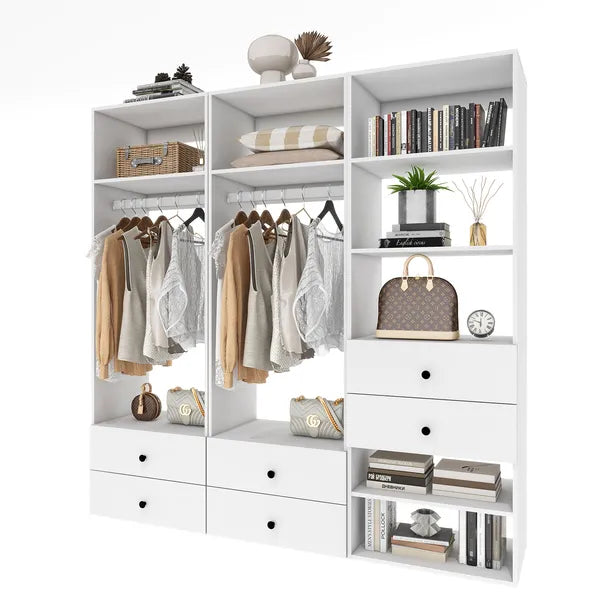 Sistema Organizador de Armario, Sistema de Armario Empotrado de 71" de Altura con Cajones, Armario de Madera con Estantes, Sistema de Armario de Madera DIY con Estantes de Armario Montados en la Pared (87" de Ancho x 16" de Profundidad x 71" de Altura)