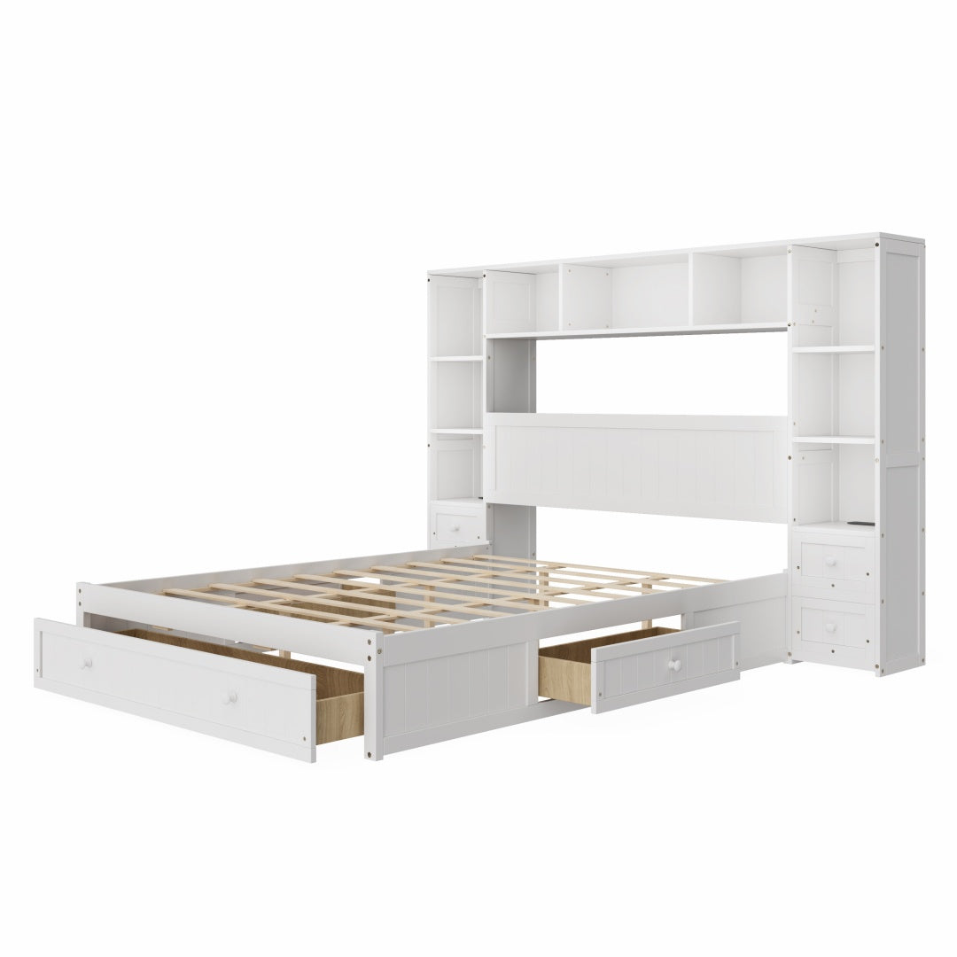 Königliche Größe Kiefernholz-Platform-Bett mit All-in-One 2 Nachttischen, Stauraum-Regal und Schrank-Bücherregal mit 2 Ladeeinrichtungen, Multifunktionales Kapitäns-Bettgestell mit 3 Schubladen, Kein Boxspring-Fundament erforderlich