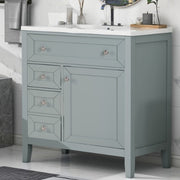 Lavabo de Baño en Madera Maciza con Fregadero de Cerámica de Montaje Inferior, 12 Guías de Cajón de Cierre Suave, Cajón Volteable, Cajón de Almacenamiento Único, Estante Ajustable, Capacidad de Carga de 70 kg, Gris