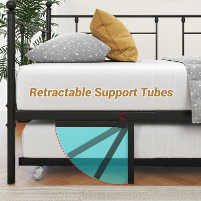Estructura de Metal para Daybed de Tamaño Twin con Conjunto de Trundle, Sofá Cama de Día Twin, Daybed y Sofá Cama con Ruedas para Habitación de Invitados, Dormitorio, Sala de Estar, Estilo Victoriano, Negro