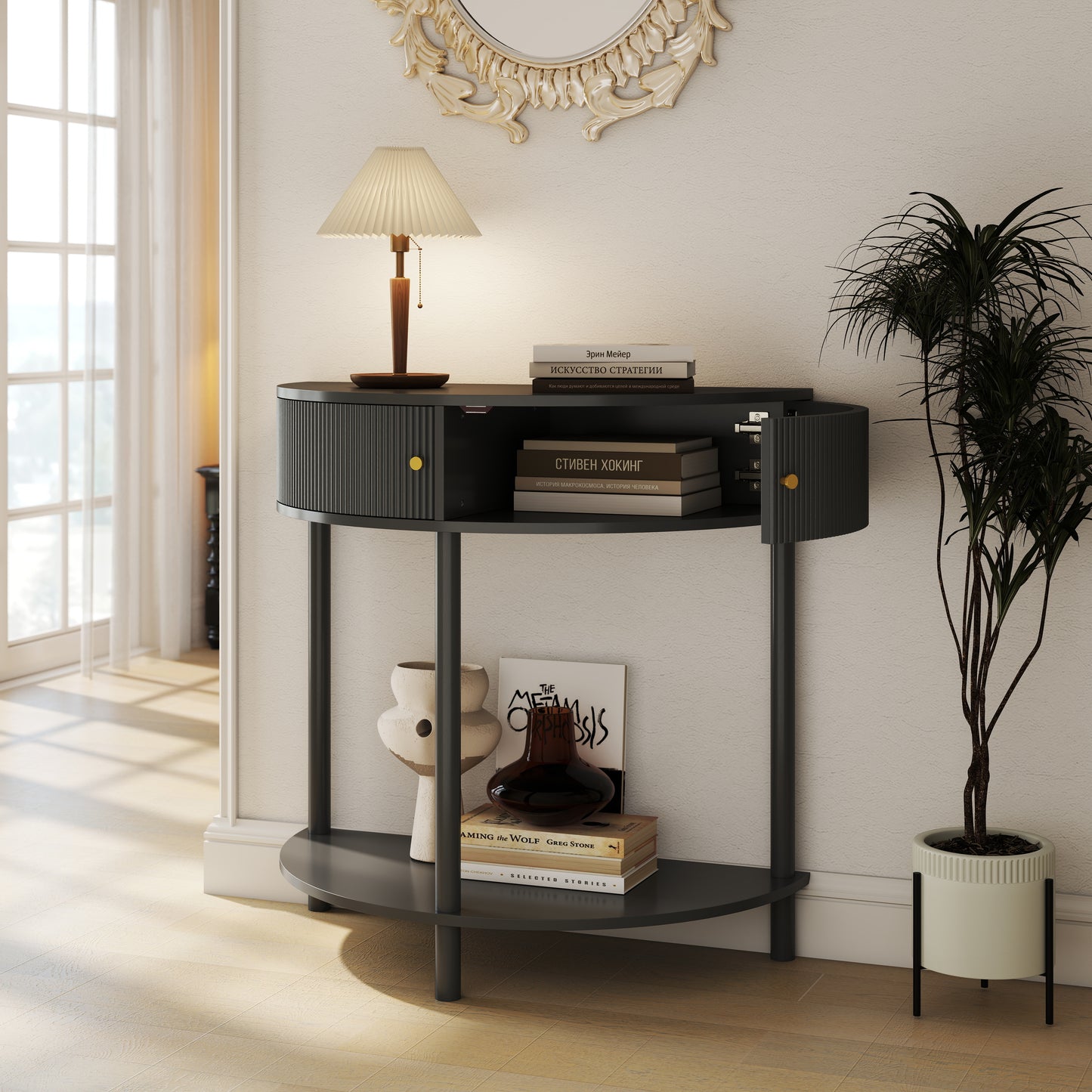 Artisan-Crafted Wave-Pattern Demi-Lune Console Table With Dark Gray Finish,Unique Half Moon Design End Table With 2 Storage Drawers And Bottom Shelf For Living Room, Bedroom, Study, Hallway
