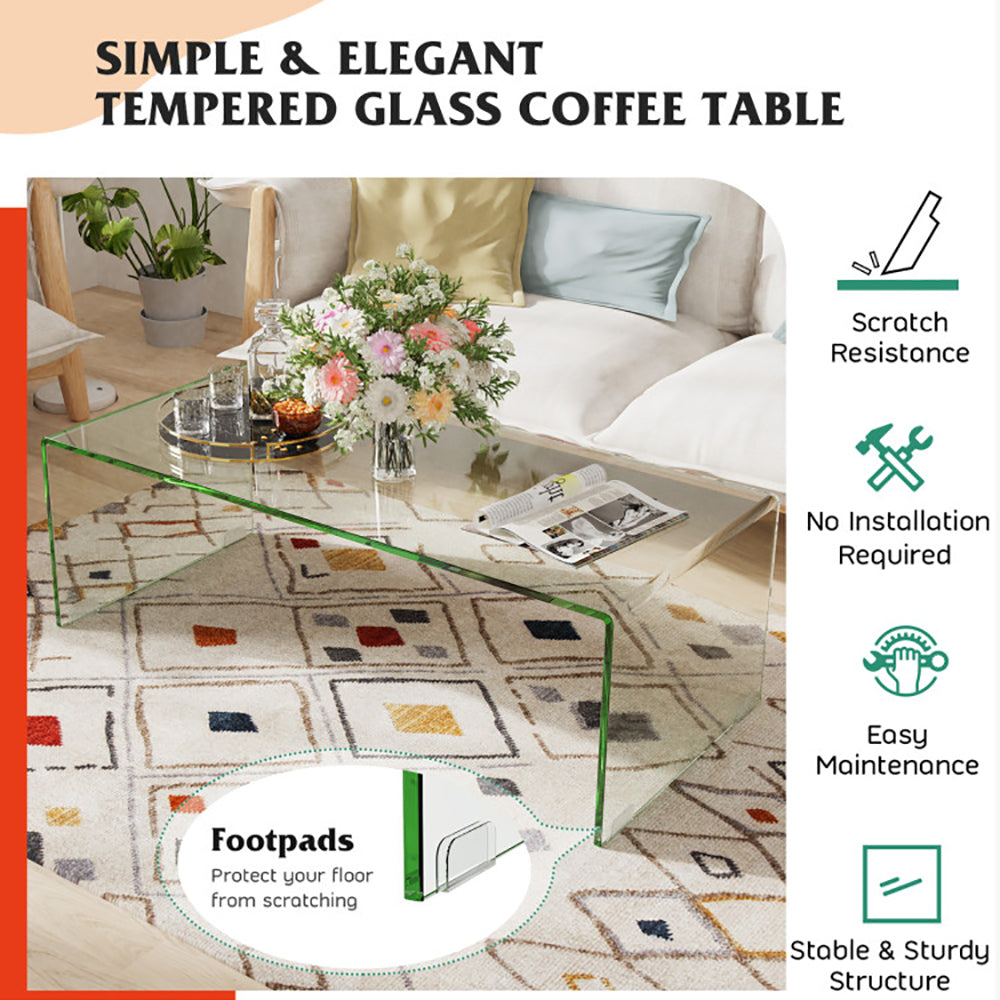 Mesa de café de vidrio de 42,5 x 20 x 14 pulgadas con bordes redondeados para sala de estar