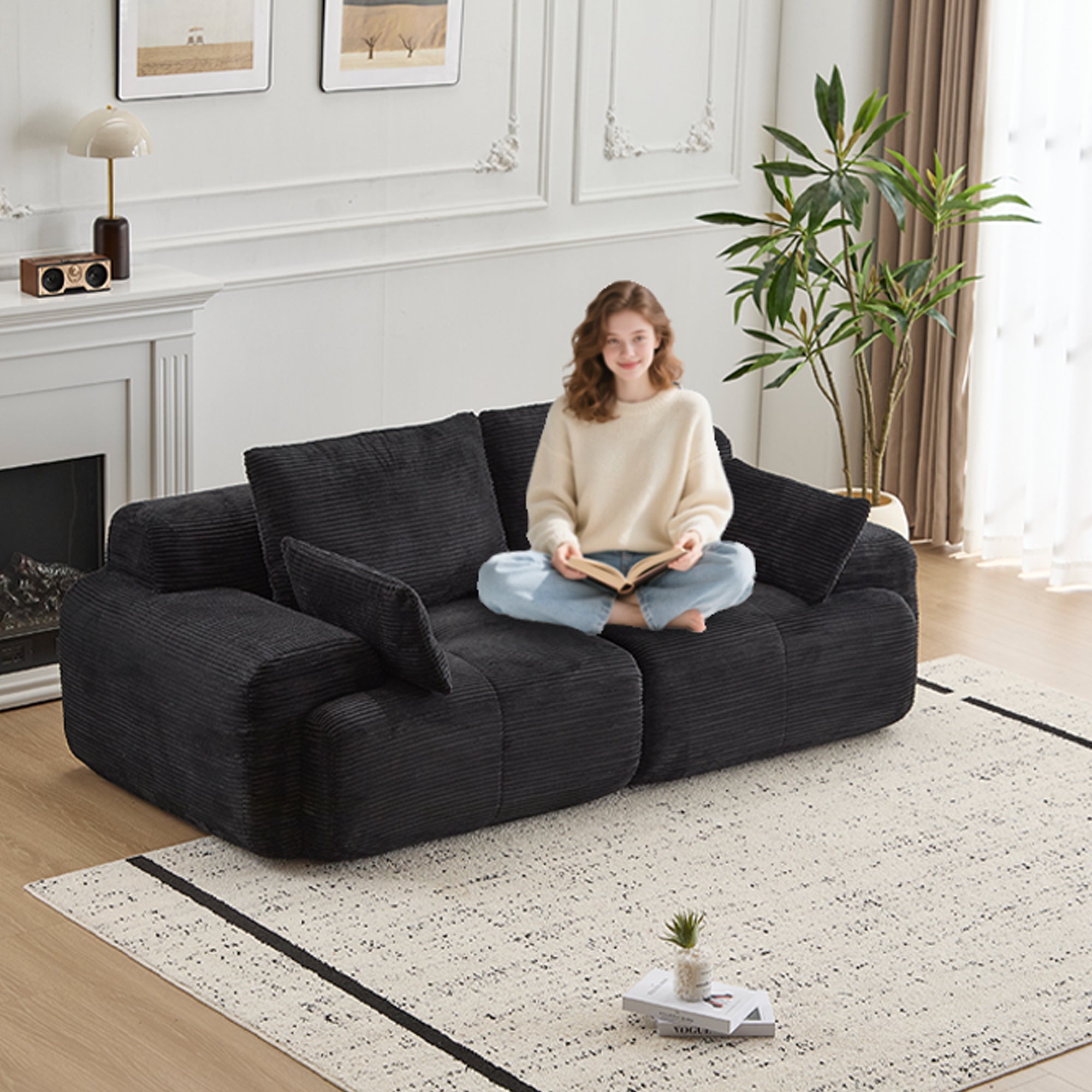 Sofá Comprimido de Espuma de Memoria Moderna, Sofá Seccional Grande de 2 Plazas para Sala de Estar, Sofá Seccional Modular en Forma de Nube Amigable con Mascotas, Tela de Corduroy, Loveseat Extra Profundo, Sin Ensamblaje Requerido, Negro