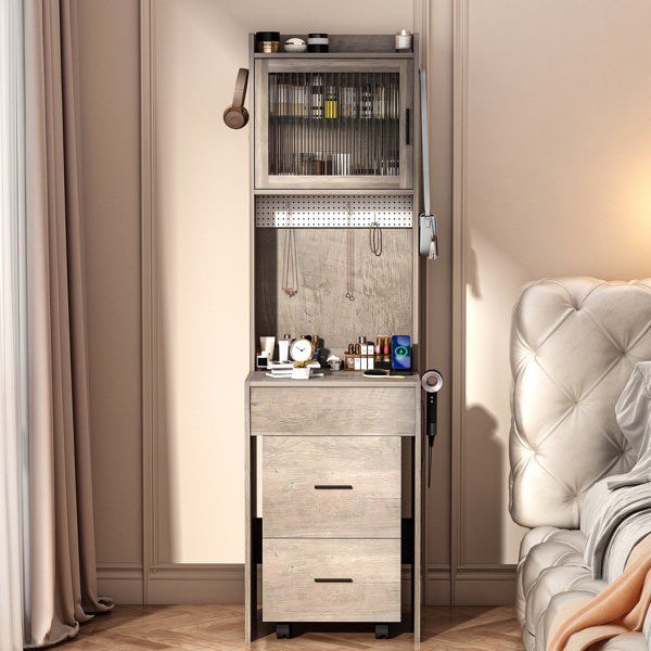 Gray Hemp Faced Particleboard With Triamine 2 Pull 1 Door 1 Flip LED 3 Tone Light Touch Mirror Dressing Table Set