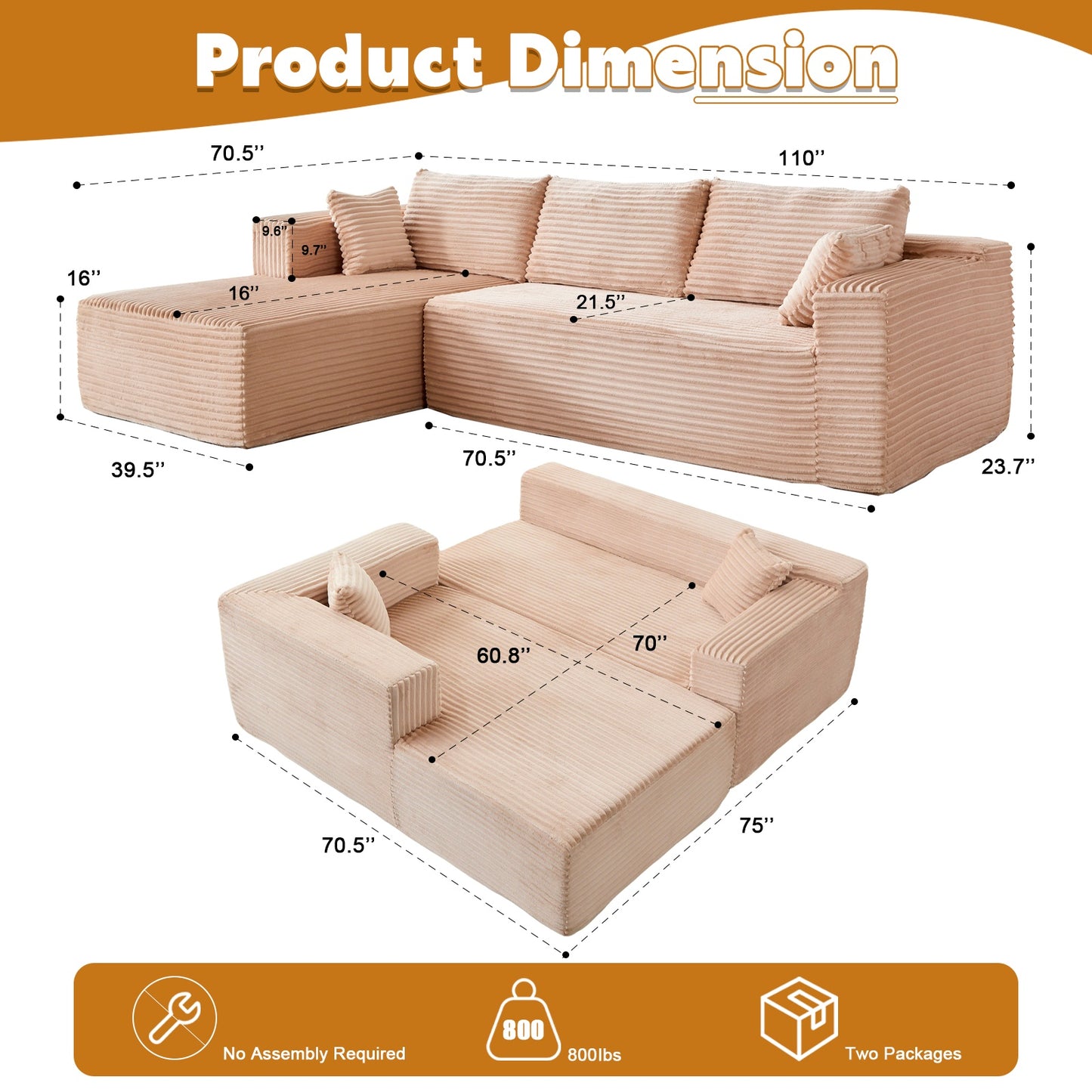 L-Shaped Compression Sofa Bed, Convertible Sectional Sofa With Pillow Back Support - Foldable Floor Couch Lounger, Corduroy Fabric Futon Sleeper For Living Room, Bedroom, Game Room NO TEMU