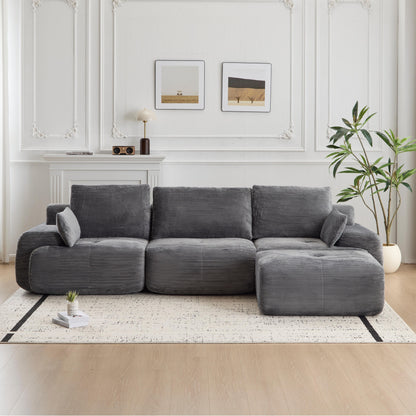 Modern Memory Foam Compressed Sofa,Large Sectional Couches For Living Room,Pet-Friendly Cloud Modular Sectional Sofa,Corduroy Fabric,Extra Deep Loveseat,No Assembly Required,GREY