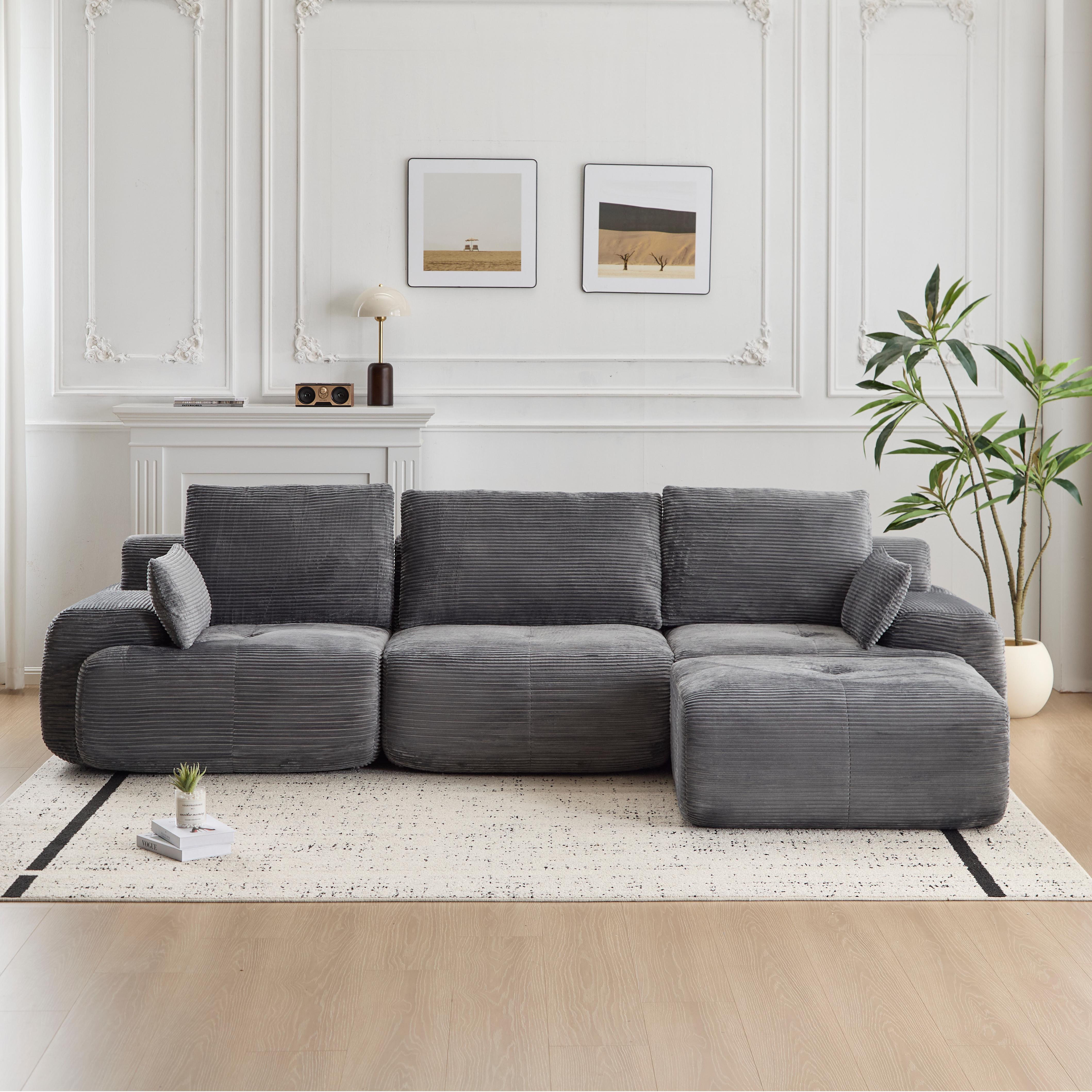 Grey Corduroy Sectional Sofa No-Assembly Cushions