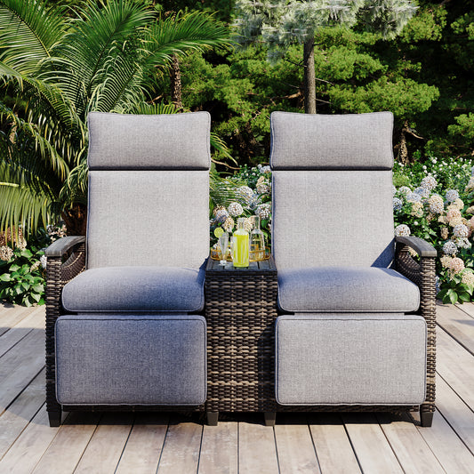 GO Patio Recliner Loveseat Chair, Adjustable Backrest Wicker Outdoor Lounge Chair Set With Acacia Wood Armrests And Built-in Storage Table For Balcony, Porch, Lawn, Gray