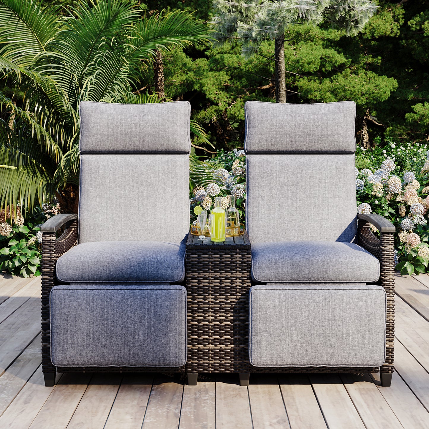 GO Patio Recliner Loveseat Chair, Adjustable Backrest Wicker Outdoor Lounge Chair Set With Acacia Wood Armrests And Built-in Storage Table For Balcony, Porch, Lawn, Gray