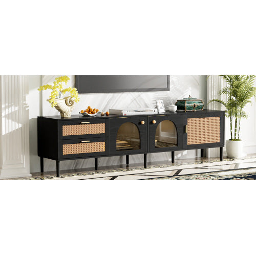 Rattan-Fernsehtisch mit 3 Schränken & 2 Schubladen, Rattan-inspirierte Medienkonsole für Fernseher bis zu 80 Zoll, LED-Licht-Unterhaltungszentrum, TV-Schrank für Wohnzimmer, Schlafzimmer, Heimkino