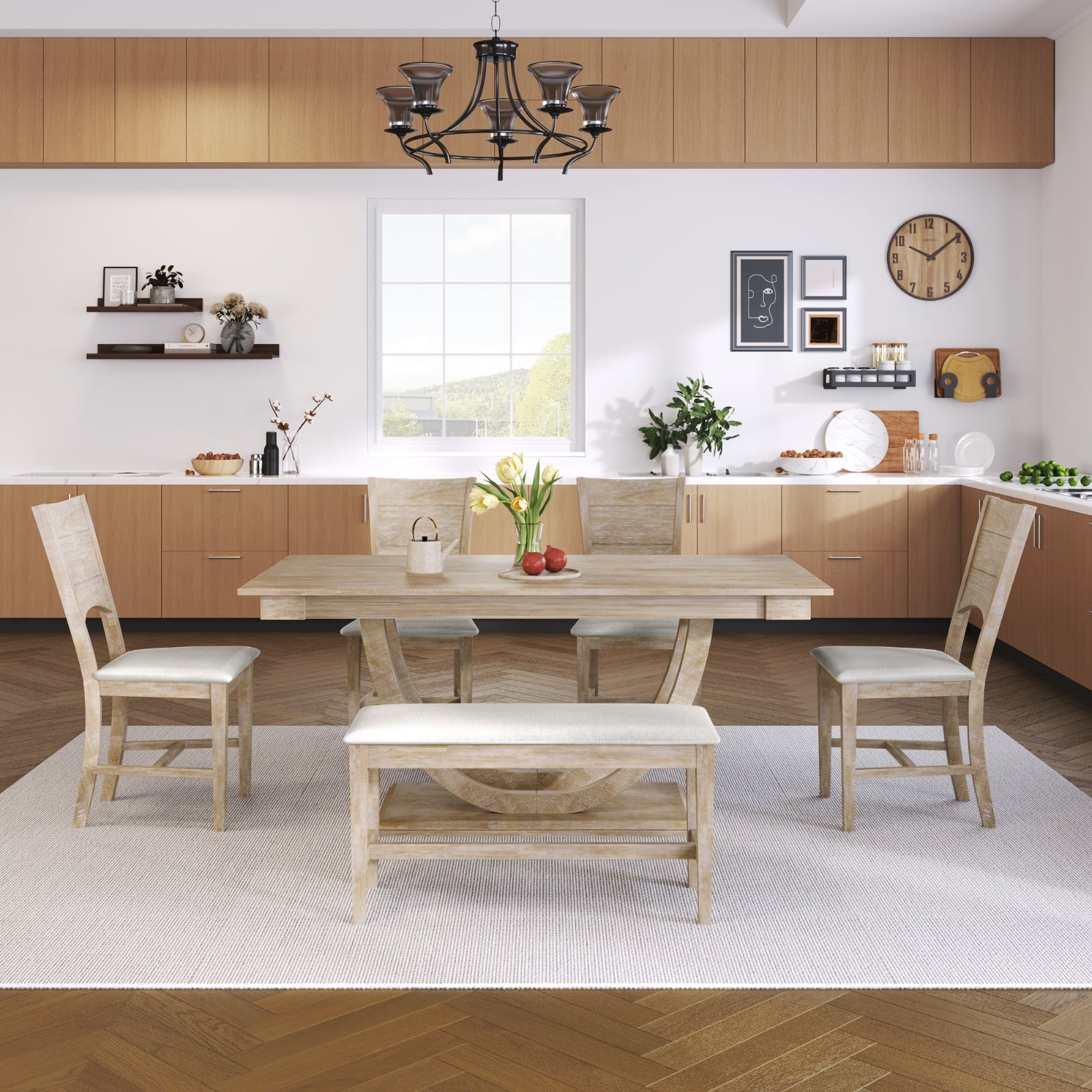 Natural Wood Dining Set Half-Round Table Bench