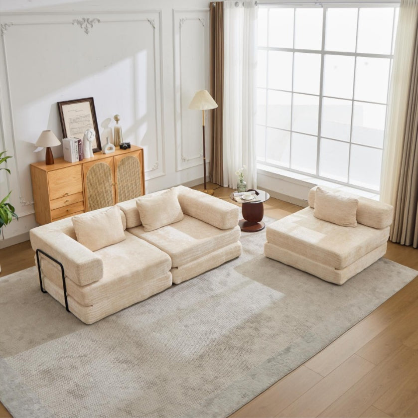 Sofá de Compresión, Sofá Cama Convertible para el Suelo con Marco de Forma Fija, Sofá Seccional Modular sin Huesos, Sin Ensamblaje Requerido, Tela de Chenille, para Sala de Estar y Dormitorio, Beige