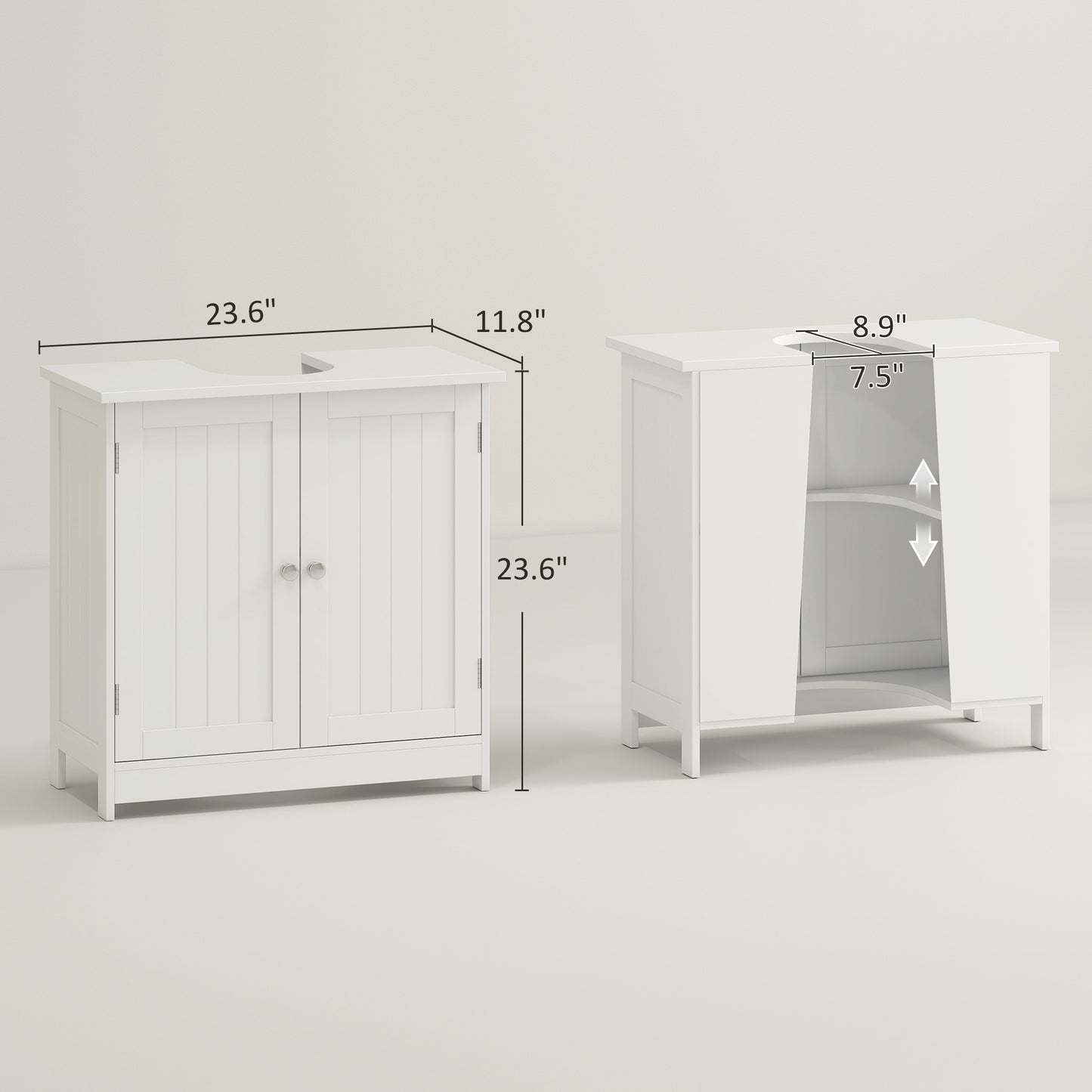 Under Sink Bathroom Cabinet, Pedestal Sink Storage Cabinet with 2 Doors, Shelf and U-Shape, White