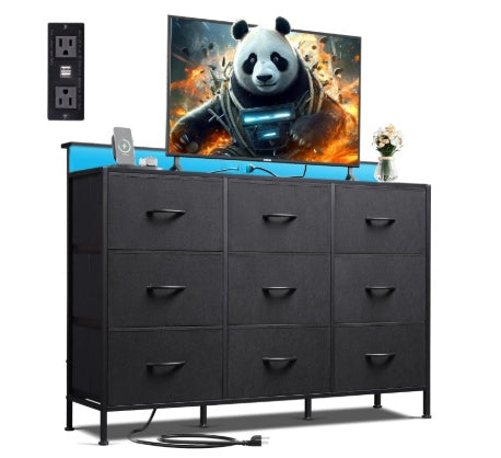 47-inch TV Stand For Up To 55 Inch TVs, Entertainment Center With RGB LED Lights & Charging Station, Media Console With 9 Fabric Drawers