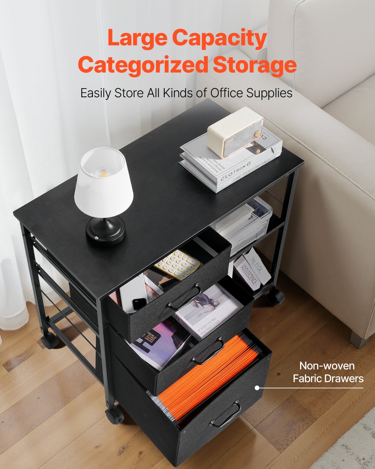 Mobiles Metallbüro-Sideboard mit 3 Stoffschubladen und 2 offenen Regalböden, schwarz